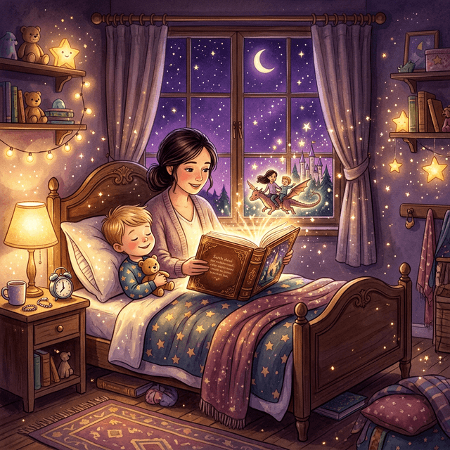 Parent reading a personalized storybook to child at bedtime